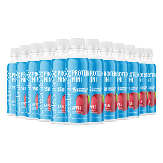 Botellas múltiples de Celebrate Proteína Minis con sabor a manzana sobre un fondo blanco