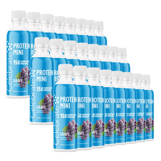Botellas múltiples de Celebrate Proteína Mini Grape sabor sobre un fondo blanco