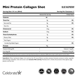 Etiqueta nutricional de un Mini Proteína Collagen Shot con sabor a frambuesa azul, incluyendo tamaño de la porción, calorías e ingredientes.