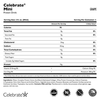 Etiqueta nutricional de Celebrate Mini Proteína Beba Grape sabor sobre un fondo blanco